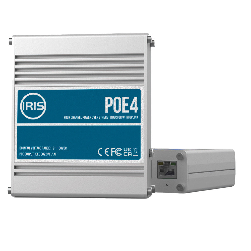 Iris POE4V2 Four Channel Uplink Power Over Ethernet Switch - IEEE802.3af & 3at Compliant - 9-30VDC Input - 48VDC Output
