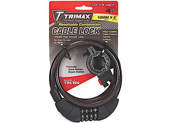 TRIMAX TRC106 MEDIUM SECURITY COMBINATION LOCK W/QUICK RELEASE BRACKETCOILED 72IN L X 10MM