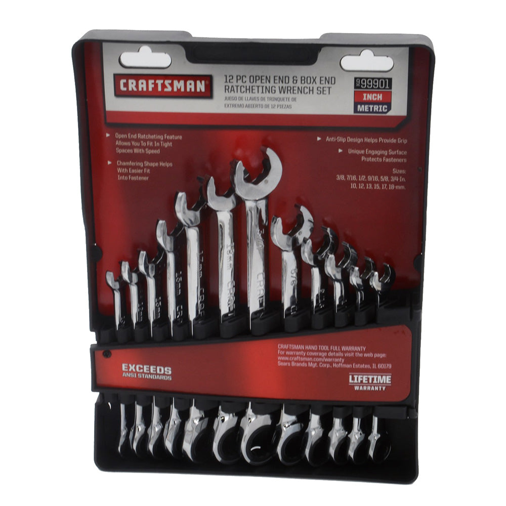 CRAFTSMAN 99901 12-Piece Open End & Box End Ratcheting Wrench Set - Metric & SAE