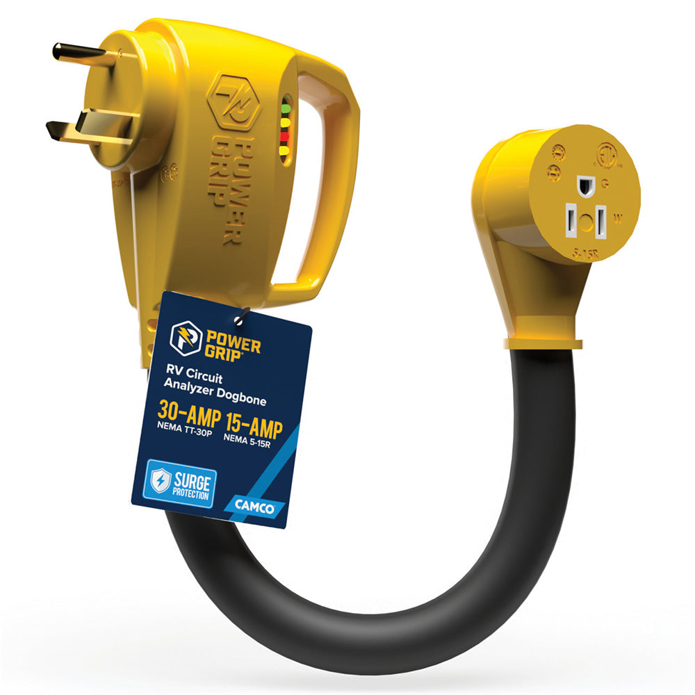Camco 55461 Power Grip RV 12" 30Amp Circuit Analyzer Dogbone - Integrated Surge Protection
