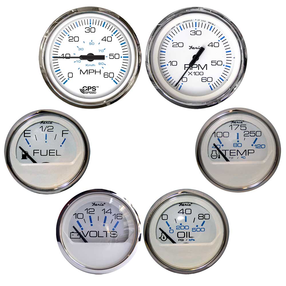 Faria Chesapeake White w/Stainless Steel Bezel Boxed Set of 6 - Speed, Tach, Fuel Level, Voltmeter, Water Temperature & Oil PSI - Inboard Motors KTF063