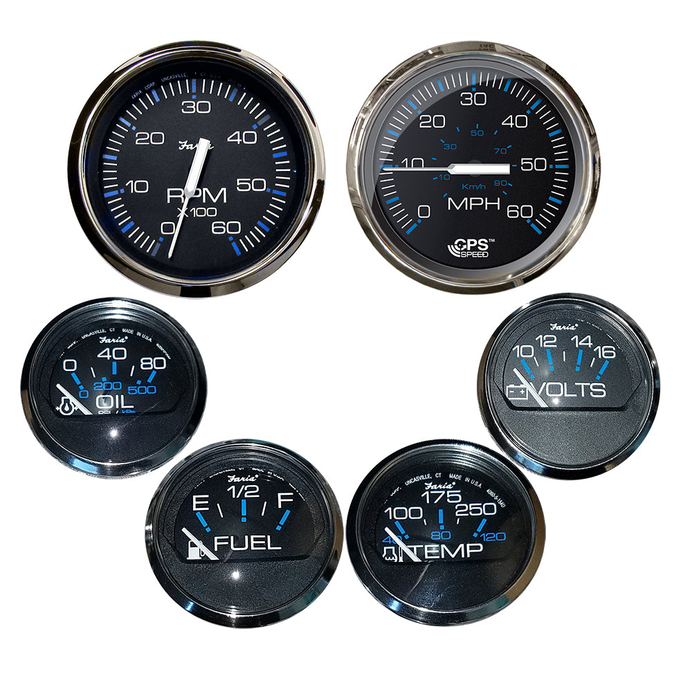 Faria Chesapeake Black w/Stainless Steel Bezel Boxed Set of 6 - Speed, Tach, Fuel Level, Voltmeter, Water Temperature & Oil PSI - Inboard Motors KTF064