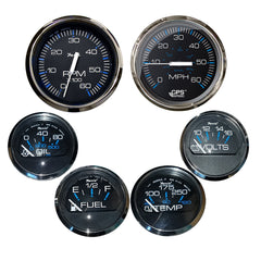 Faria Chesapeake Black w/Stainless Steel Bezel Boxed Set of 6 - Speed, Tach, Fuel Level, Voltmeter, Water Temperature & Oil PSI - Inboard Motors KTF064