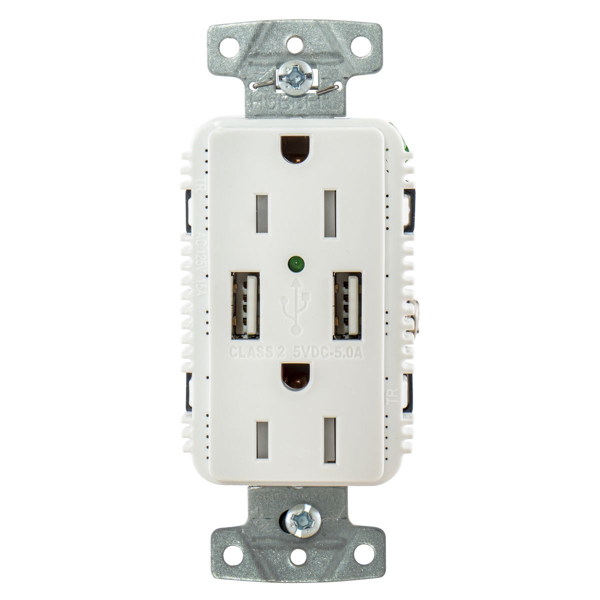 Hubbell HUBUSB15A5W White Outlet Dual 15 Amp 125v 2-Pole and Dual 5 Amp 5v USB Ports