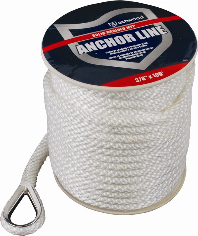 Attwood 3/8" x 100' Solid Braided MFP Anchor Line With Thimble, White 117241