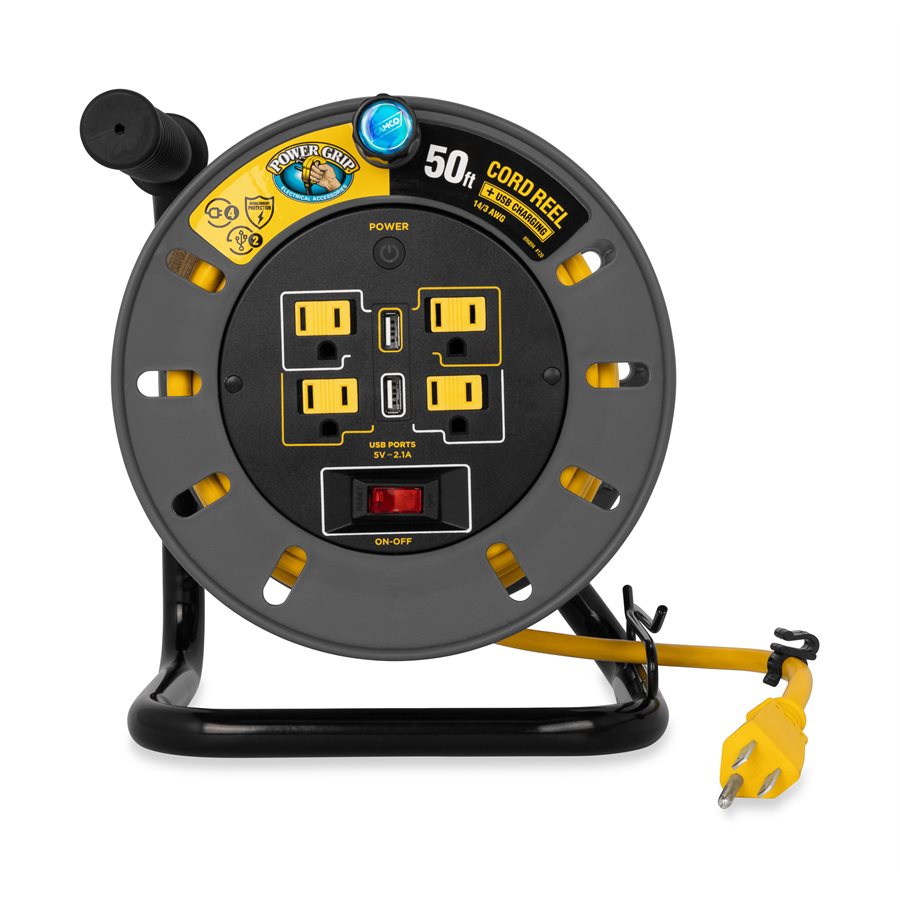 Camco 55291 Power Grip Extension Cord Reel With USB Charging Ports, 50'