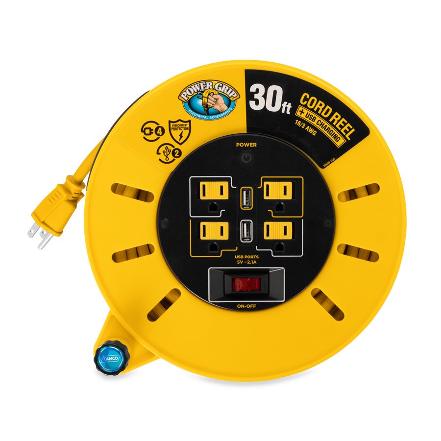 Camco 55290 Power Grip Extension Cord Reel With USB Charging Ports, 30'