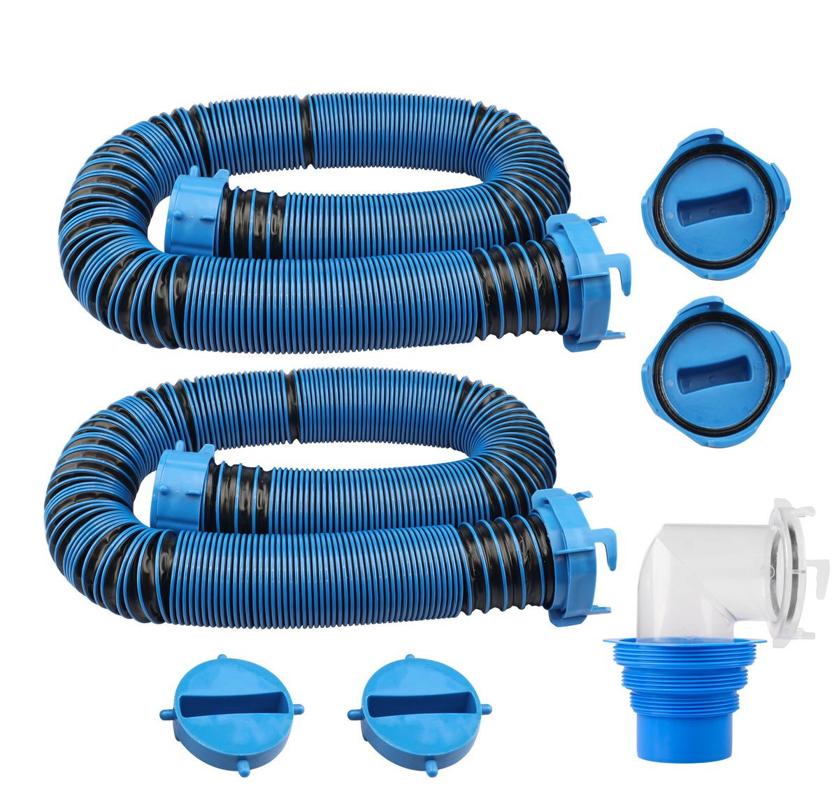 Makerz 0 99 20' RV Sewer Hose Kit - Includes (2) 10' Sewer Hose with Rotational Fittings, (1) Transparent Elbow with 4-in-1 Adapter, (2) End Caps