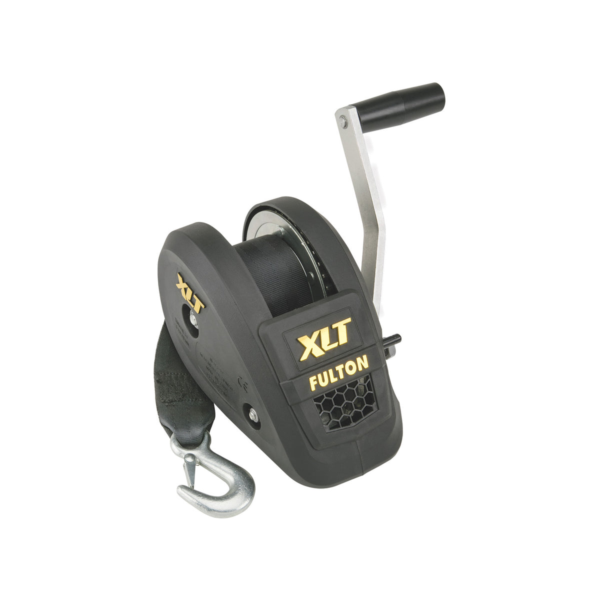 Fulton 142320 XLT Marine Trailer Winch - Single-Speed, 1,500 lbs. Capacity, 20' Strap, 10" Handle, Black Cover