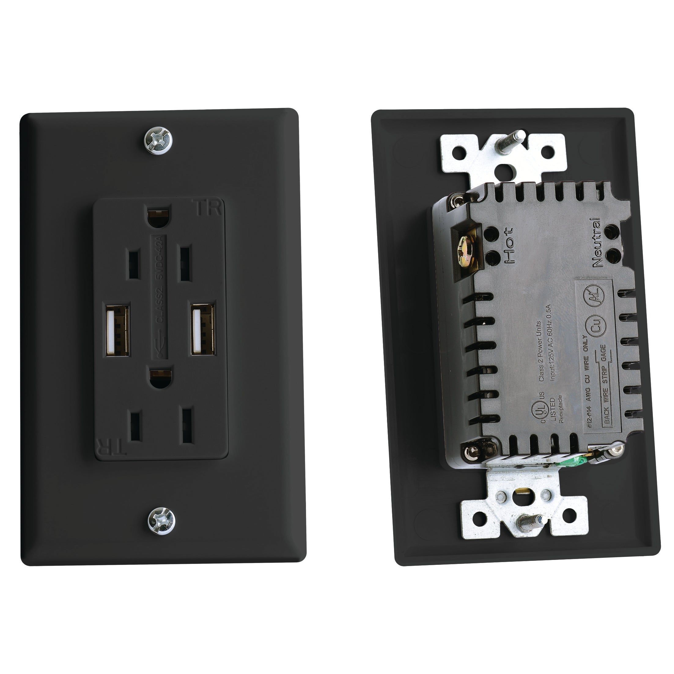 RV Designer S860 AC Dual Outlet with Cover-Plate & 2 USB Charging Ports - Black