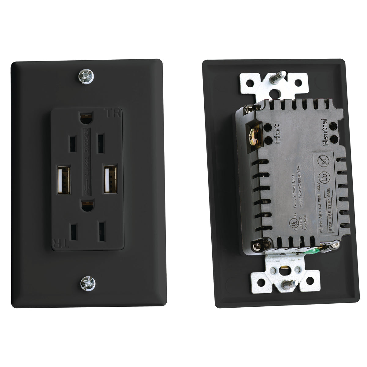 RV Designer S860 AC Dual Outlet with Cover-Plate & 2 USB Charging Ports - Black