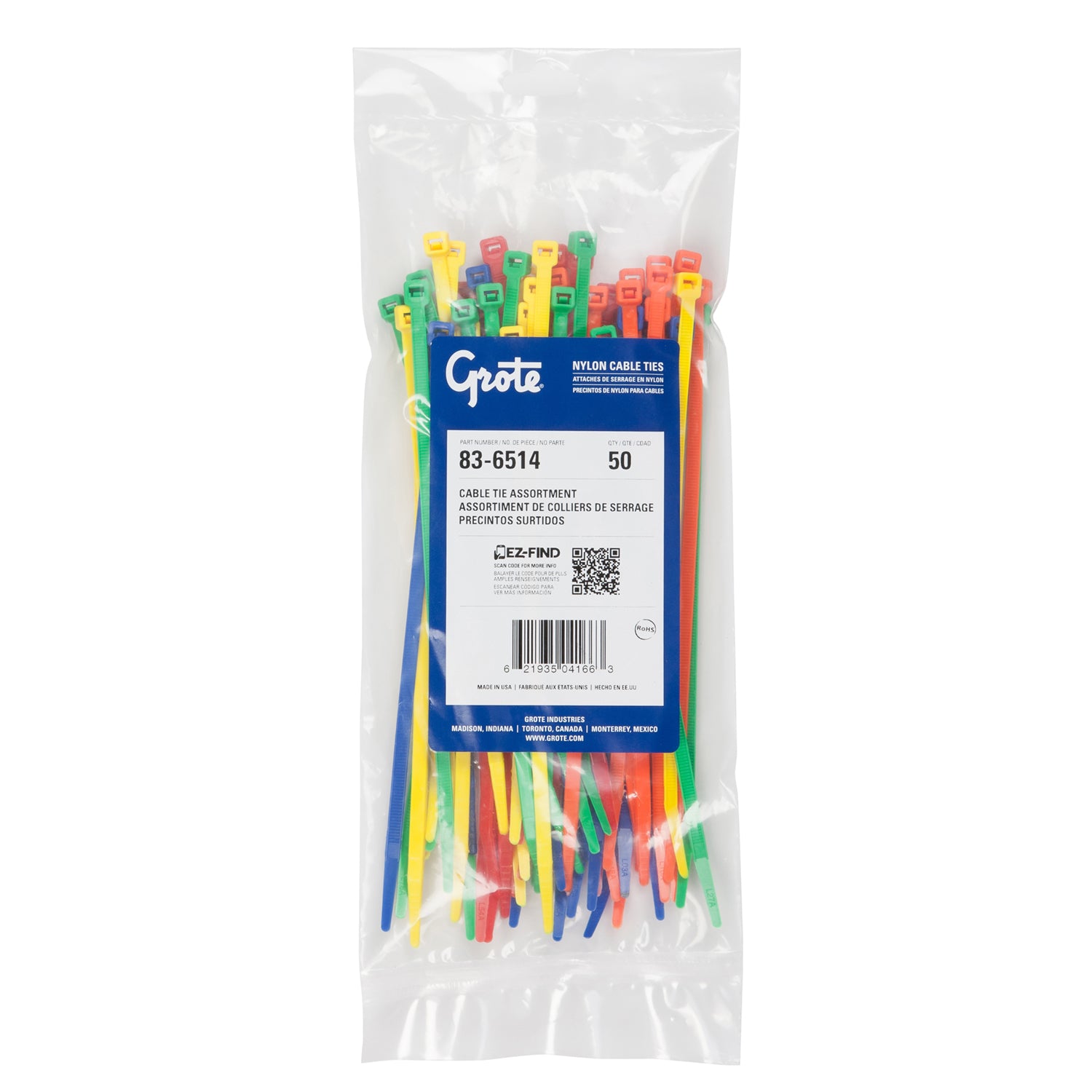 Grote 83-6514 Nylon Cable Ties - Cable Tie Assortment, 50 lb. Tensile Strength