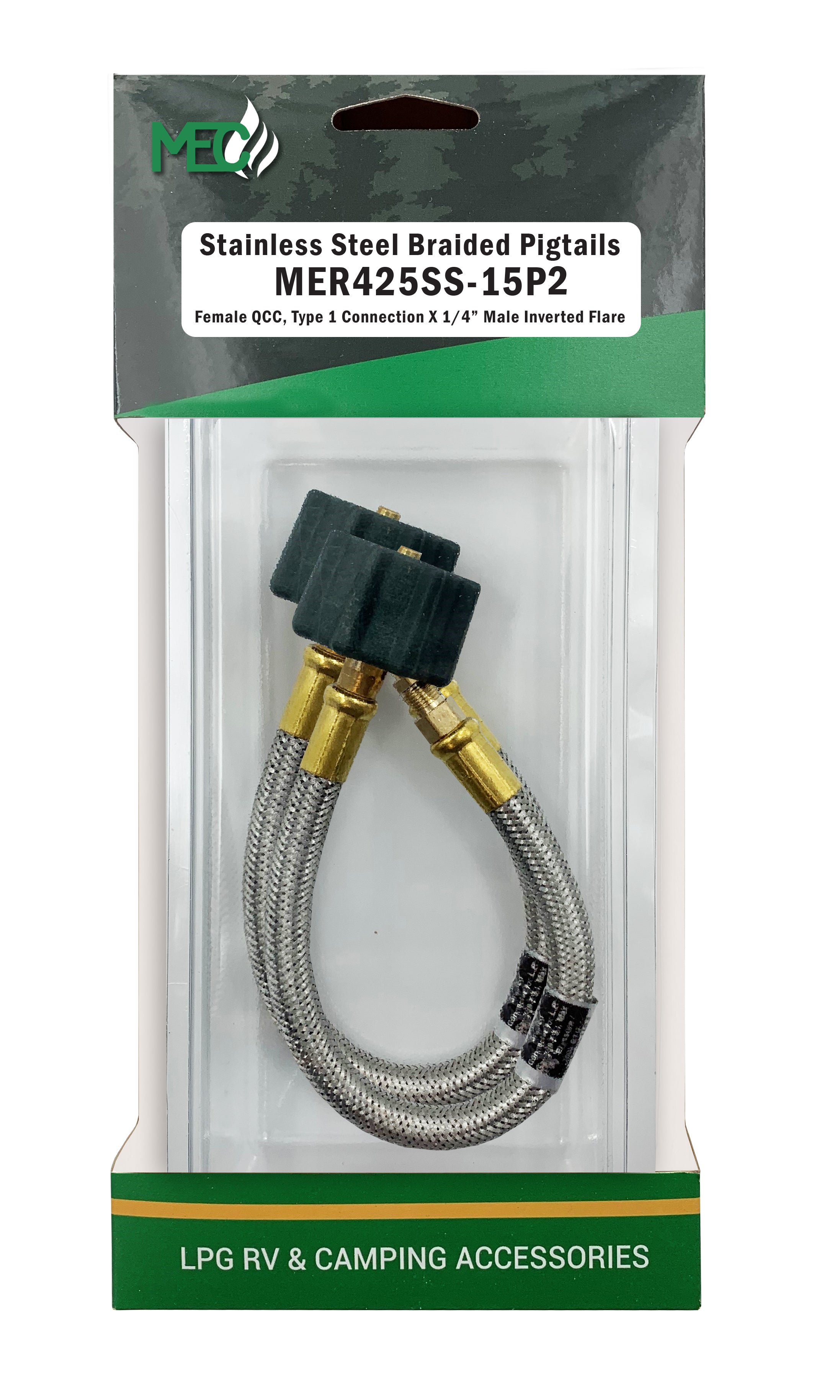 Marshall Excelsior MER425SS-15P2 Thermo Pigtail, 1/4" Inverted Flare X QCC with Braided Stainless Steel Hose - 15", Pack of 2