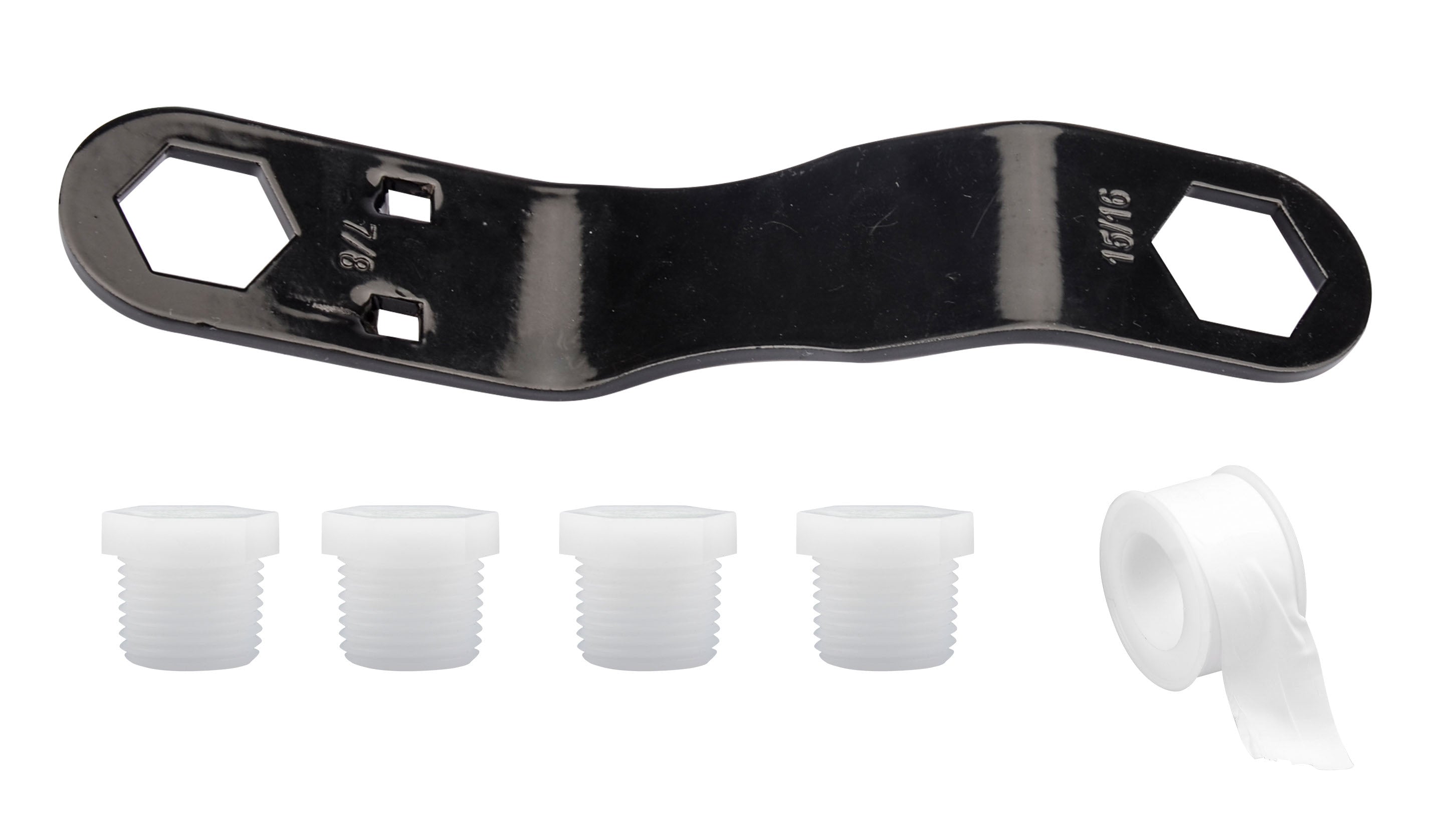 Makerz 0 79 RV Water Heater Angled Wrench Drain Plug Kit - Wrench Fits 7/8" and 15/16" Drain Plugs, Includes 1/2" NPT Drain Plugs and PTFE Tape