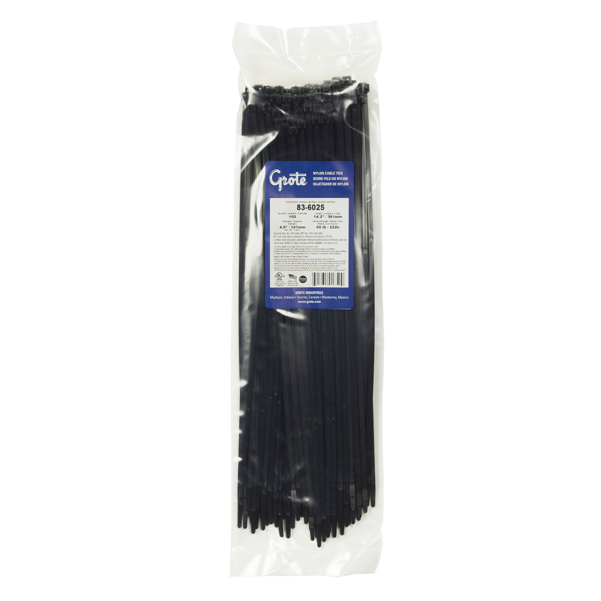 Grote 83-6025 Nylon Cable Ties - Standard Duty, 14.10" Length, 100 Pack