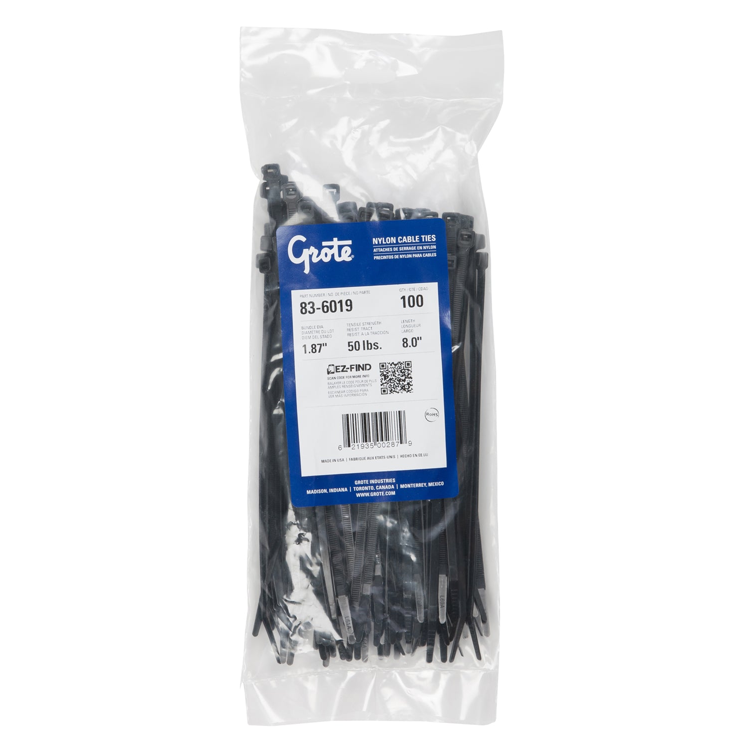 Grote 83-6019 Nylon Cable Ties - Standard Duty, 8" Length, 100 Pack