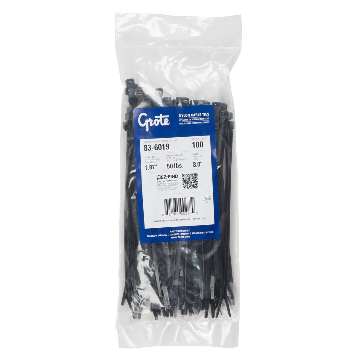 Grote 83-6019 Nylon Cable Ties - Standard Duty, 8" Length, 100 Pack