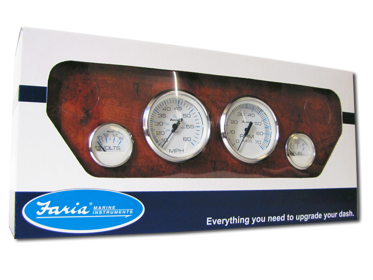 Faria KTF002-D-1 Chesapeake Stainless Steel Outboard 4-Gauge Boxed Set - Speedometer/Tachometer/Fuel Level/Voltmeter, White