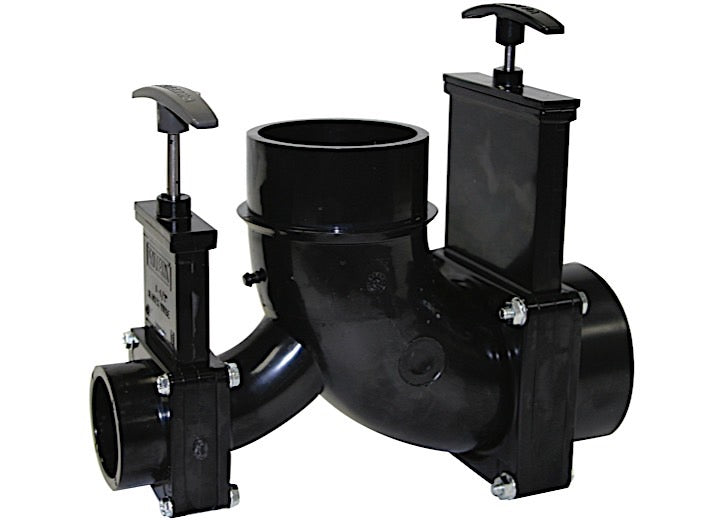 VALTERRA T81 ELL DOUBLE ROTATING VALVE 3IN HUB X 11/2IN HUB X 3IN SPIGOT OUTLET