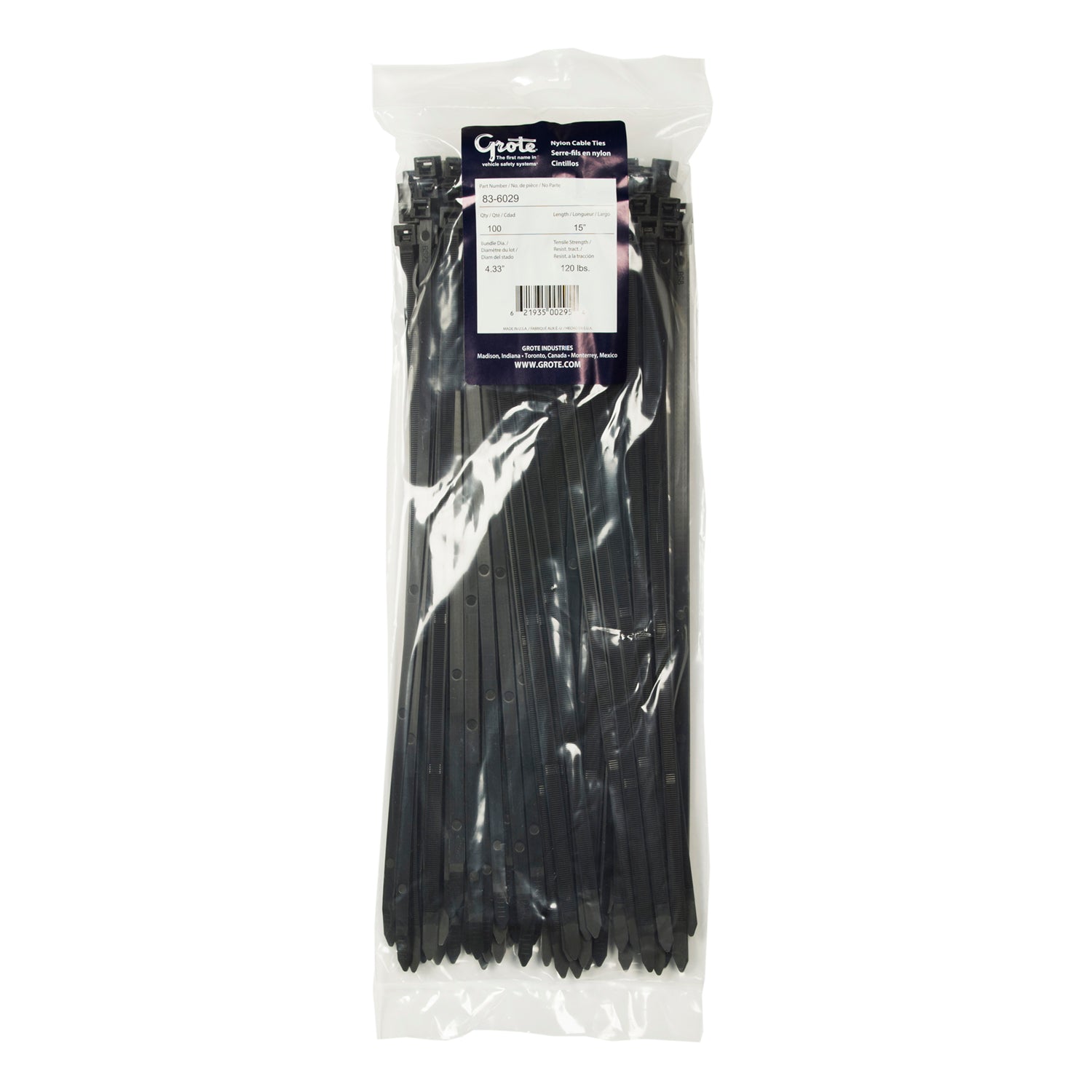 Grote 83-6029 Nylon Cable Ties - Heavy Duty, 14.10" Length, 100 Pack