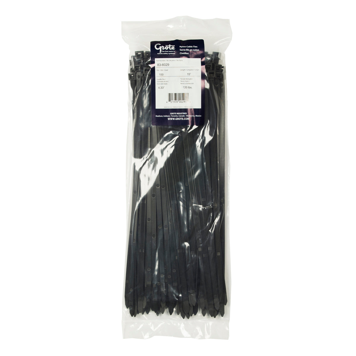 Grote 83-6029 Nylon Cable Ties - Heavy Duty, 14.10" Length, 100 Pack