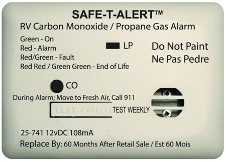 Safe-T-Alert 25-741-WT Mini Dual LP/CO Alarm - 12V, 25 Series Surface Mount, White