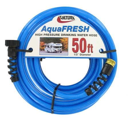 Valterra W01-8600 AquaFresh High Pressure Drinking Water Hose with Hose Savers - 1/2" x 50', Blue