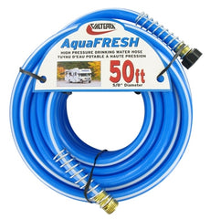 Valterra W01-9600 AquaFresh High Pressure Drinking Water Hose with Hose Savers - 5/8" x 50', Blue