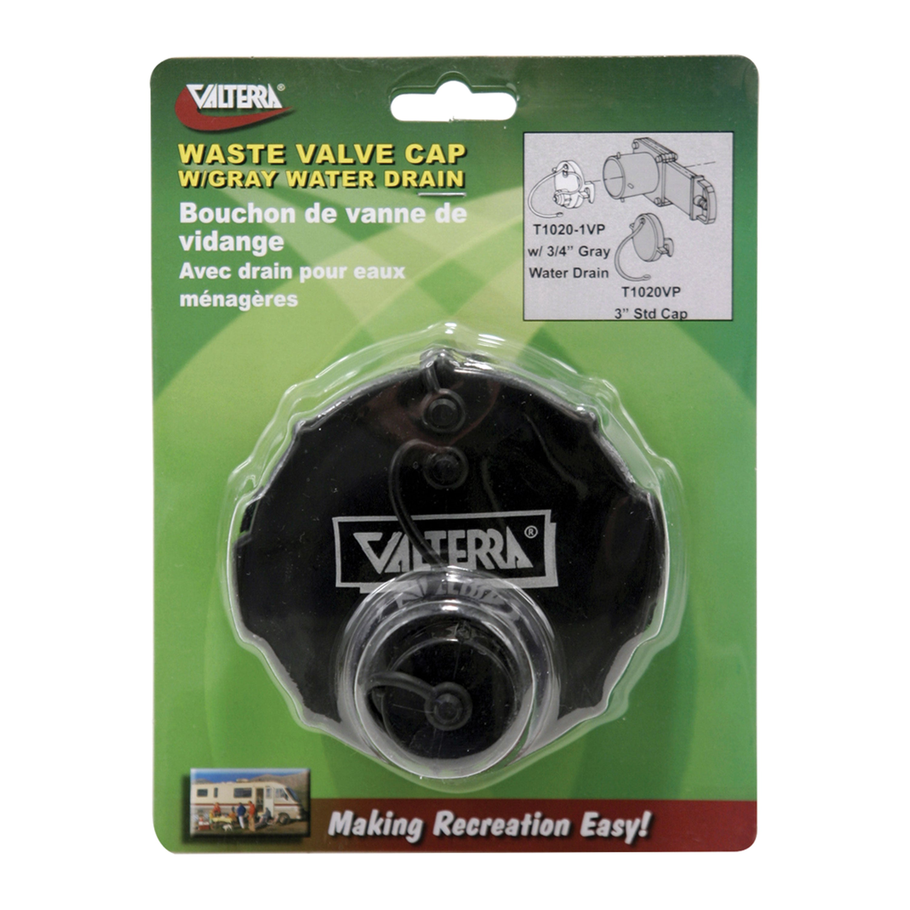 Valterra T1020-1VP Waste Valve Cap - 3" with Capped 3/4" GHT, Black, Carded