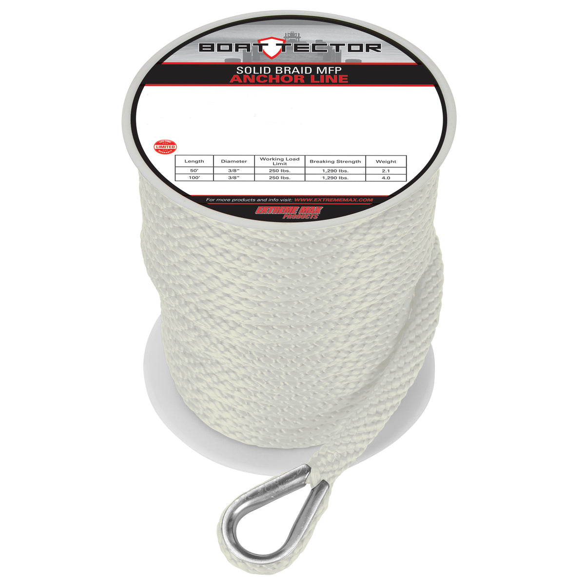 Extreme Max 3006.3458 BoatTector Solid Braid MFP Anchor Line with Thimble - 1/2" x 100', White