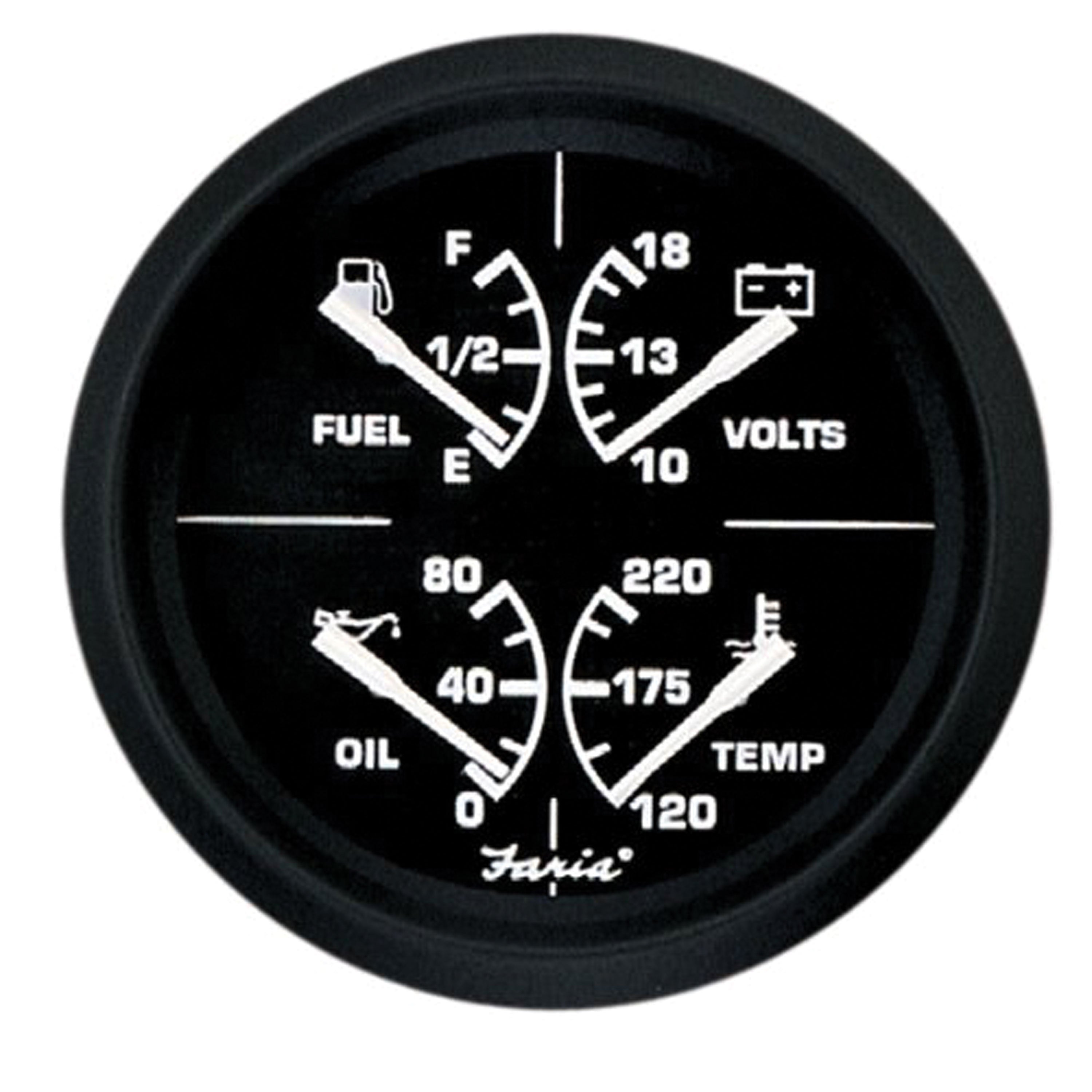 Faria 32851 Euro Multifunction Fuel Level/Oil PSI (80 PSI)/Water Temp (100-250Â°F)/Voltmeter (10-16 VDC) - 4", Black