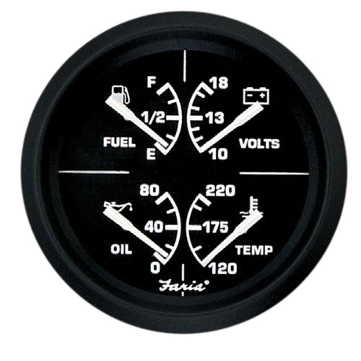 Faria 32851 Euro Multifunction Fuel Level/Oil PSI (80 PSI)/Water Temp (100-250Â°F)/Voltmeter (10-16 VDC) - 4", Black