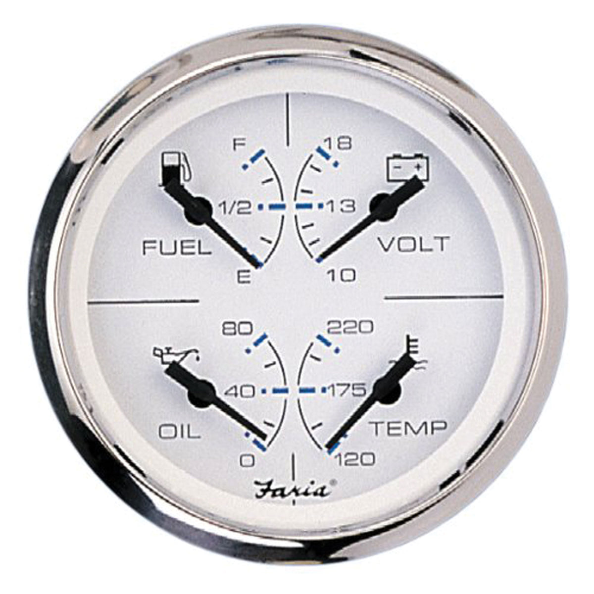 Faria 33851 Chesapeake Stainless Steel Multifunction Fuel Level/Oil PSI (80 PSI)/Water Temp (100-250Â°F)/Voltmeter (10-16 VDC) - 4", White