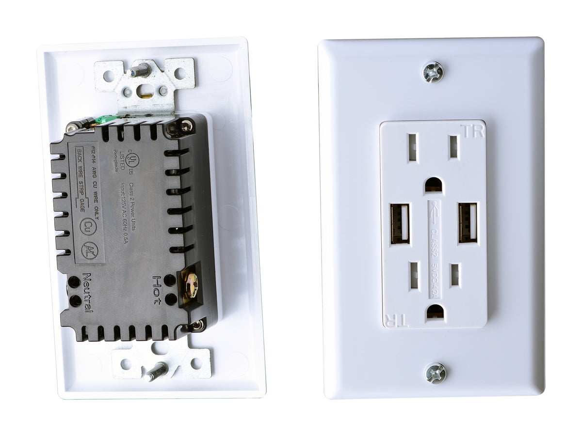 RV Designer S850 Dual AC Outlet with Cover & 2 USB Charging Ports - White