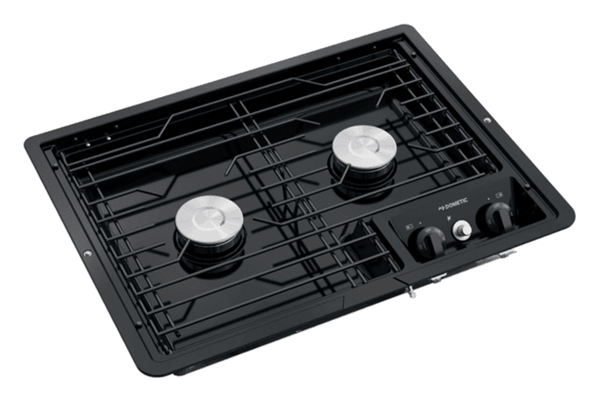 Dometic 9108917573 (50210) Drop-In Two-Burner 12V Cooktop with Wire Grate - Black, Piezo