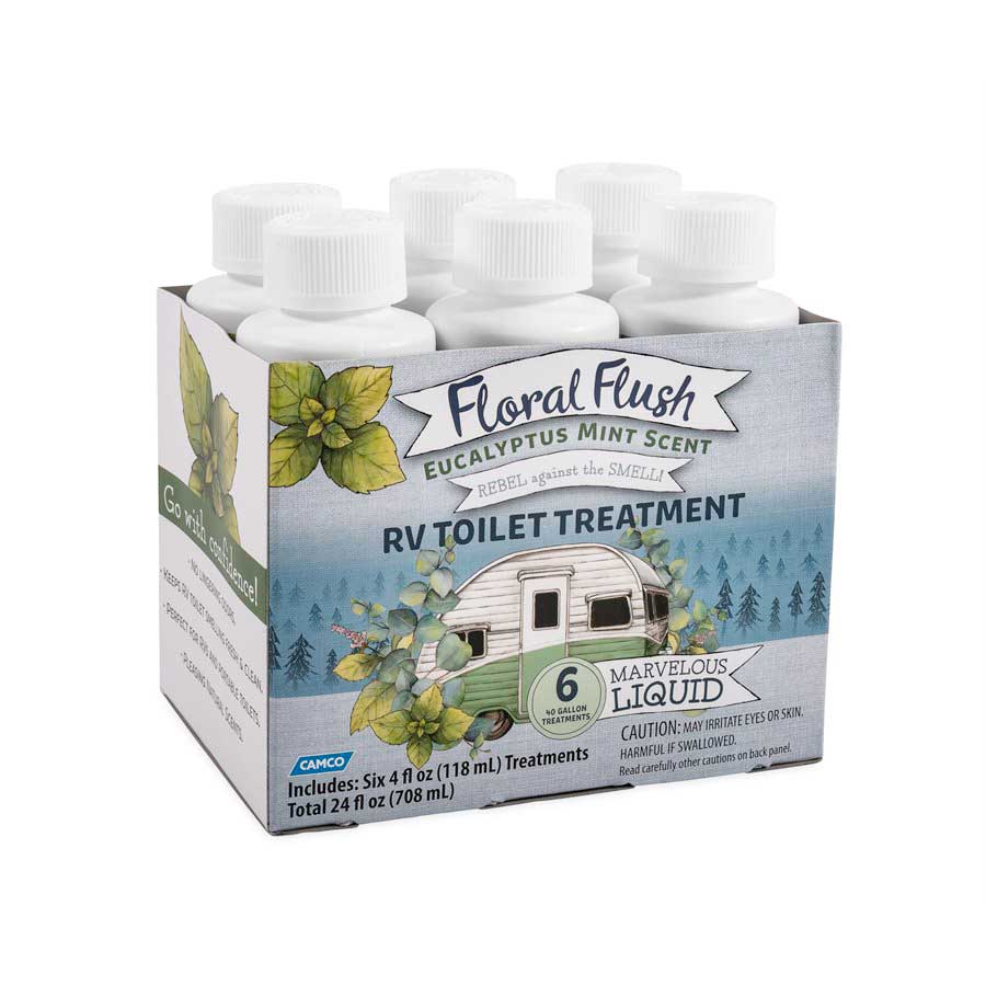 Camco 41482 Floral Flush RV Toilet Treatment Singles - Eucalyptus Mint, (6) 4 oz. Bottles