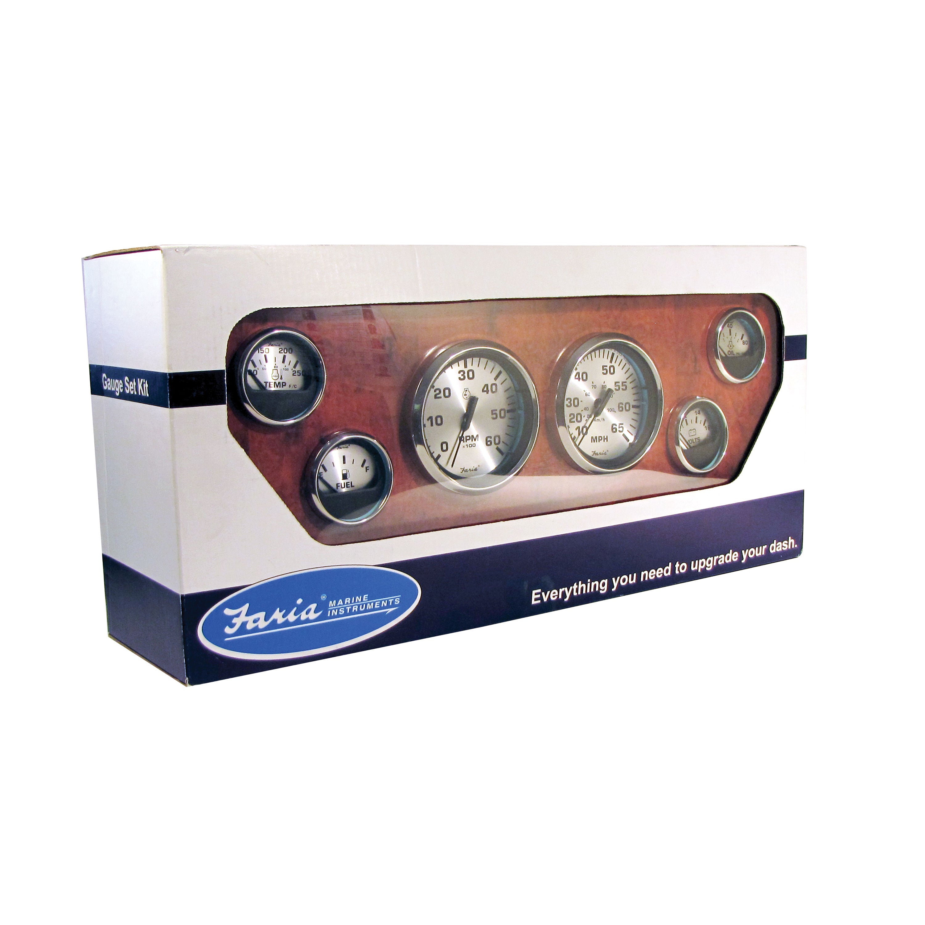Faria KTF0184 Spun Silver Inboard 6-Gauge Boxed Set - Speedometer/Tachometer/Fuel Level/Voltmeter/Water Temp/Oil PSI