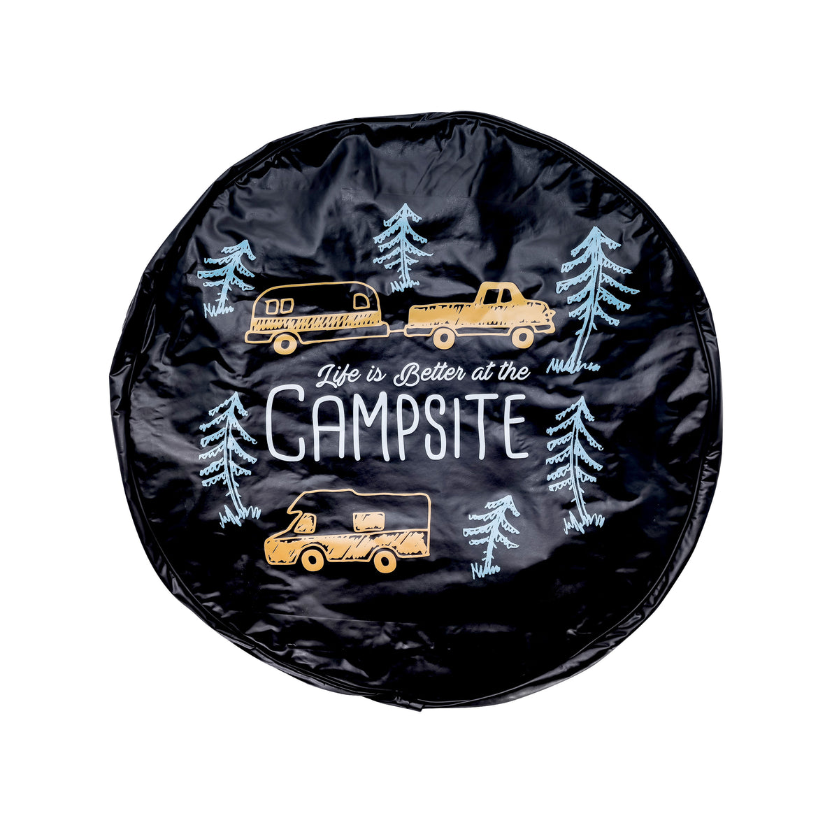 Camco 53292 "Life is Better at the Campsite" Spare Tire Cover - Size J (Up to 27" Tire), RV Sketch