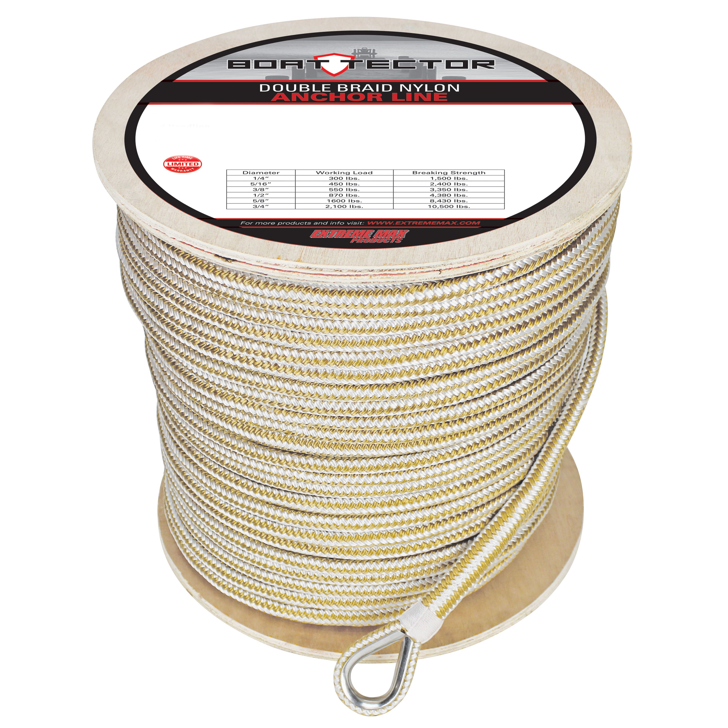 Extreme Max 3006.2270 BoatTector Premium Double Braid Nylon Anchor Line with Thimble - 1/2" x 600', White & Gold
