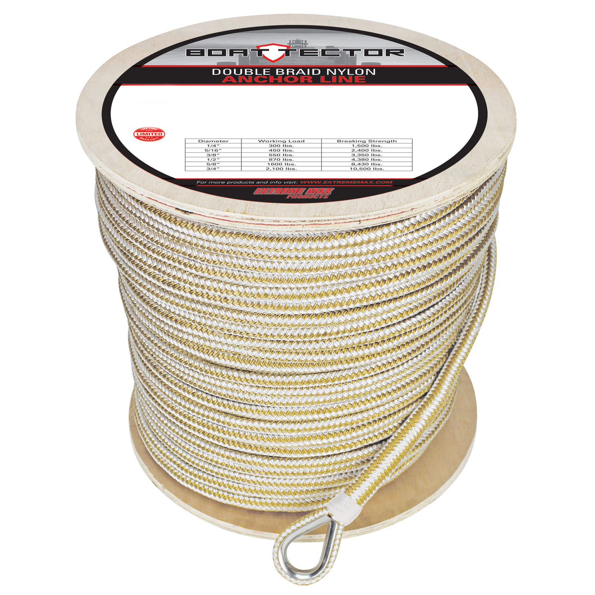 Extreme Max 3006.2270 BoatTector Premium Double Braid Nylon Anchor Line with Thimble - 1/2" x 600', White & Gold