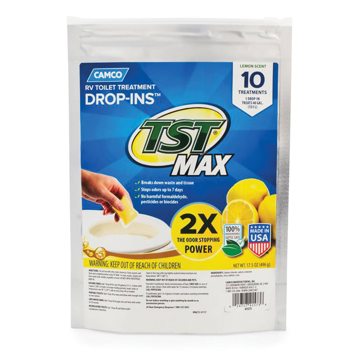 Camco 41573 TST Max Drop-Ins - Lemon Scent, Pack of 10