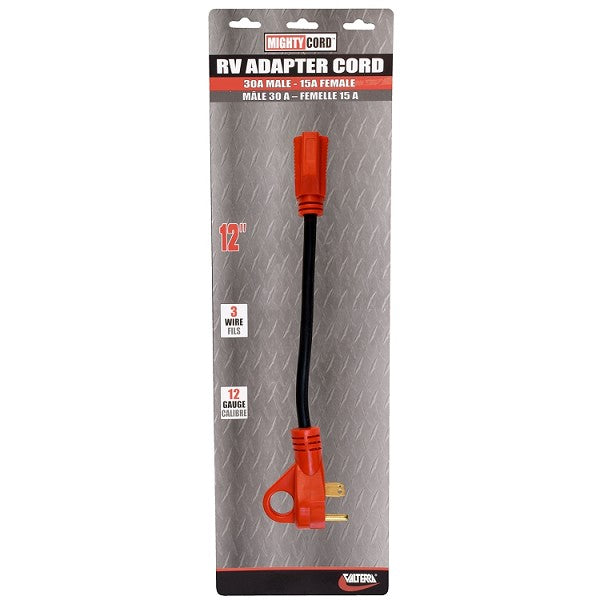 Valterra A10-3015HVP Mighty Cord 12" Adapter Cord w/Handle - 30AM - 15AF, Red (Carded)