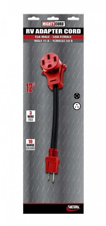 Valterra A10-1550VP Mighty Cord 12" Adapter Cord w/Handle - 15AM to 50AF, Red (Carded)