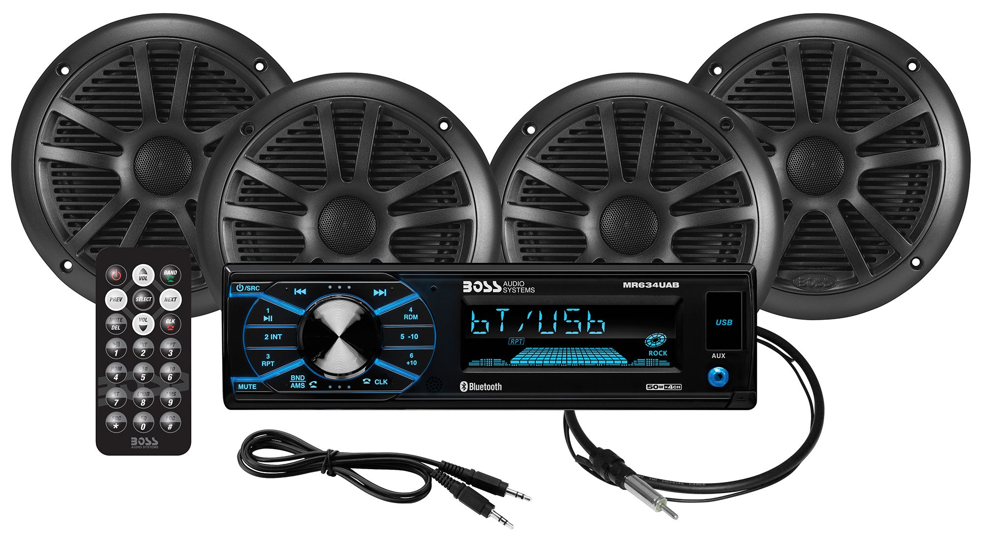 Boss Audio MCBK634B.64 Weatherproof Marine AM/FM Receiver Package with (4) 6.5" Speakers and Antenna with Bluetooth Connection