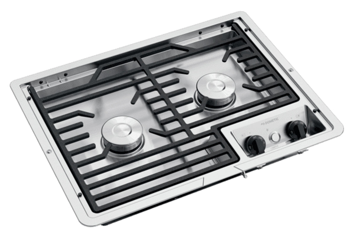 Dometic 9108917581 (50216) Drop-In Two-Burner 12V Cooktop with Cast Iron Grate - Stainless Steel, Electric