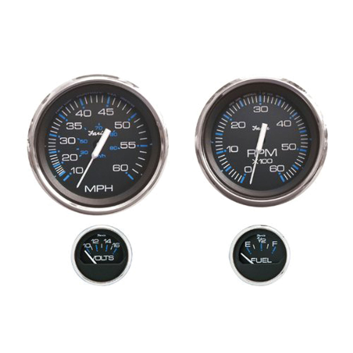 Faria KTF004 Chesapeake Stainless Steel Outboard 4-Gauge Boxed Set - Speedometer/Tachometer/Fuel Level/Voltmeter, Black